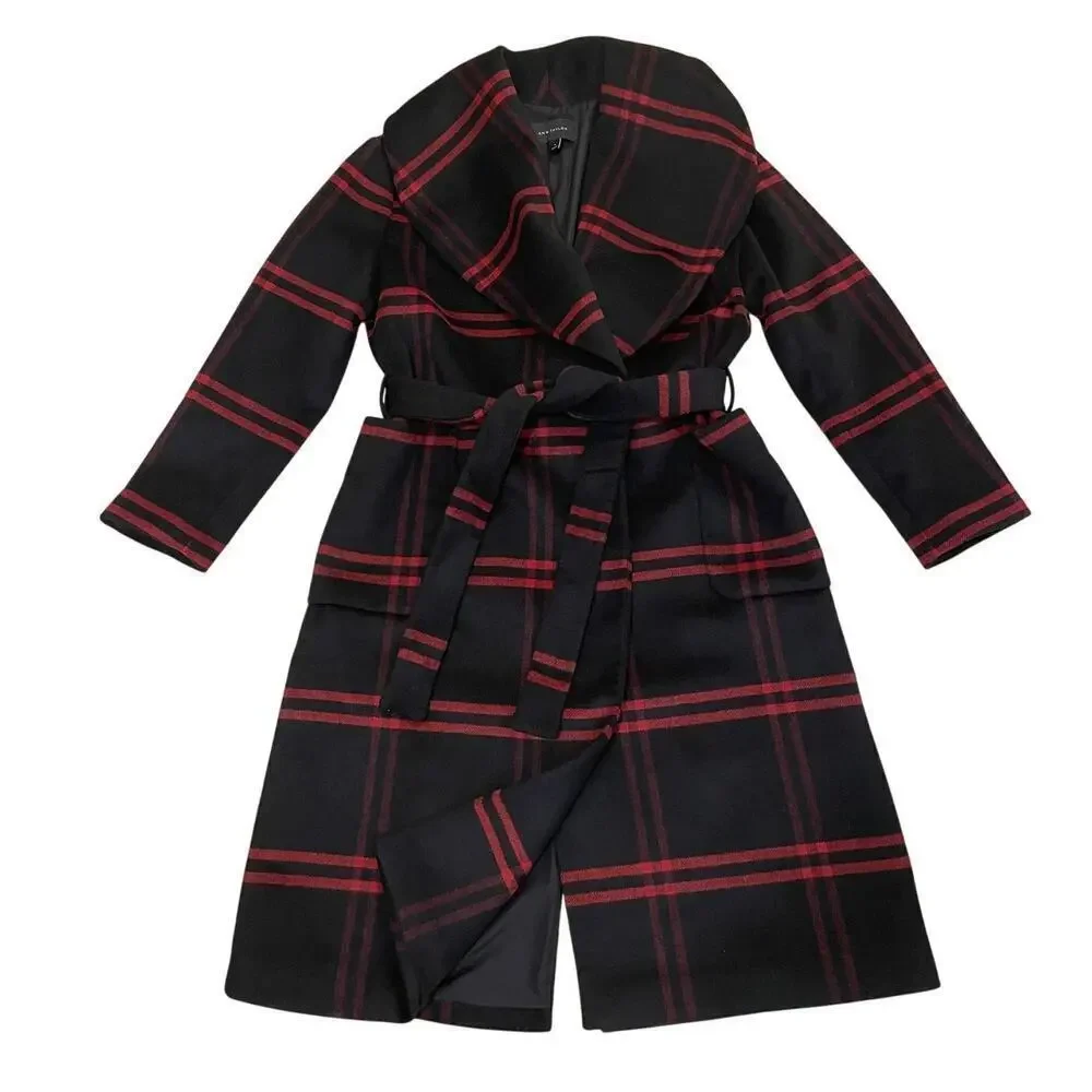 Ann Taylor Wool Blend Plaid Long Coat | Double Breasted Black Gray Red NWOT $300
